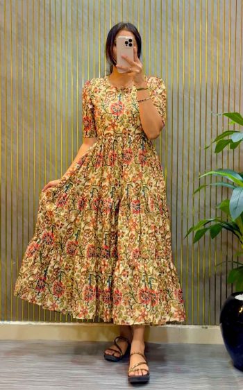 MODERN CAMBRIC COTTON KALAMKARI PRINT GOWN LIGHT YELLOW
