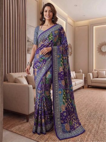 MODERN CHINON DIGITAL AJRAK PRINT WITH REAL MIRROR WORK SAREE WITH UNSTITCHED BLOUSE PURPLE