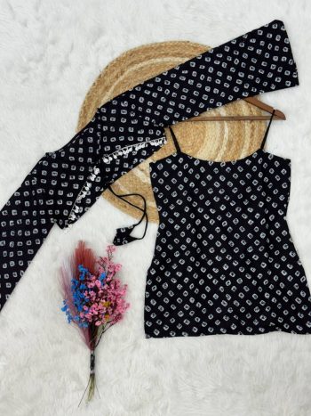 MODERN COTTON BHANDEJ PRINT WORK SHORT KURTI WITH TOP BLACK