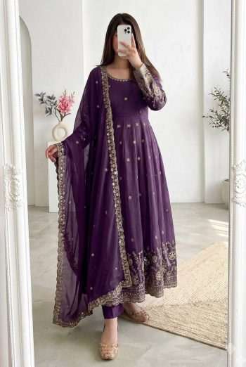 MODERN CRUNCHY SILK EMBROIDERY SEQUENCE WORK GOWN BOTTOM WITH DUPATTA PURPLE