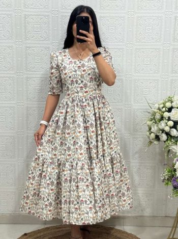 MODERN HAKOBA COTTON PRINTED WORK ONE PIECE DRESS WHITE