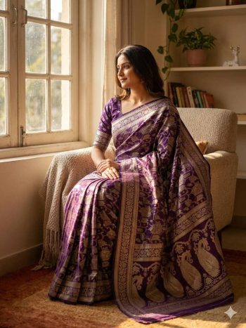 MODERN LICHI SILK WEAVING WORK SAREE WITH UNSTITCHED BLOUSE PURPLE