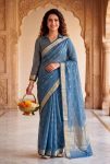 1MODERN LINEN COTTON SILK WEAVING ZARI WORK SAREE WITH UNSTITCHED BLOUSE FESTIVE WEAR WHOLESALE PRICE ETHNIC GARMENT (6)