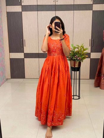 MODERN MUL COTTON EMBROIDERY WORK GOWN ORANGE