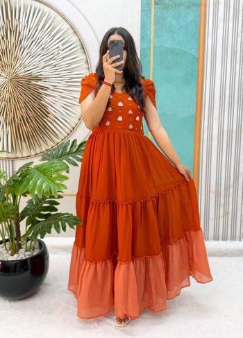 MODERN MUL COTTON MAGGAM WORK ONE PIECE DRESS ORANGE