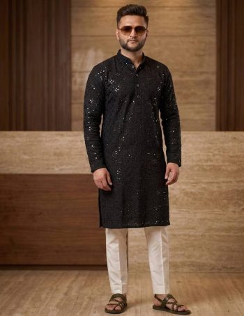 MODERN RAYON THREAD SEQUENCE WORK MEN'S KURTA PAYJAMA SET BLACK