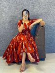MODERN RAYON WARLI ART PRINTED WORK ONE PIECE DRESS ORANGE