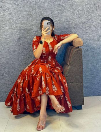 MODERN RAYON WARLI ART PRINTED  WORK ONE PIECE DRESS ORANGE