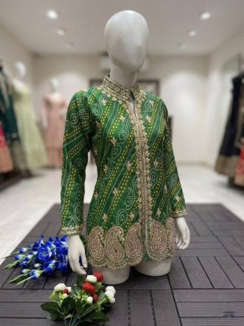 MODERN SATIN BANGLORI PRINT WITH EMBROIDERY THREAD & SEQUENCE WORK JACKET GREEN