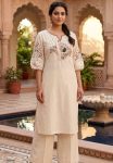 MODERN SLUB COTTON EMBROIDERY WORK TOP PENT SET OFF WHITE