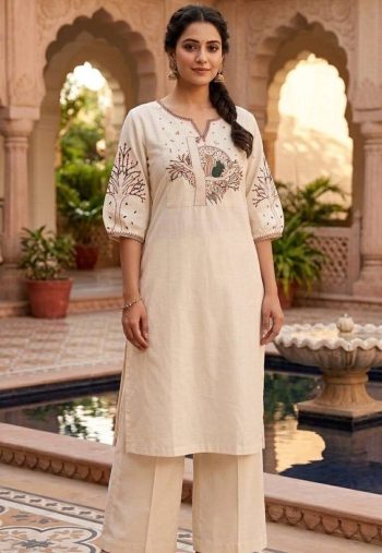 MODERN SLUB COTTON EMBROIDERY WORK TOP PENT SET OFF WHITE