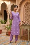MODERN SLUB COTTON PRINTED WORK TOP PENT SET LAVENDER