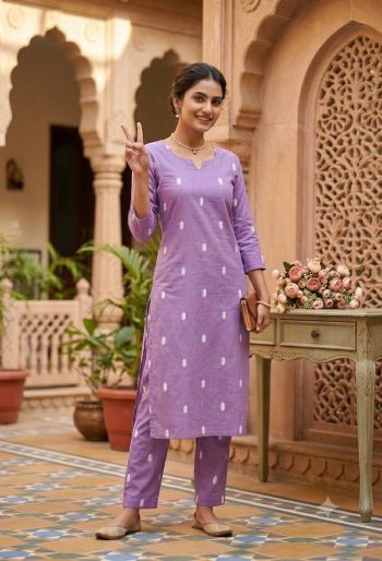 MODERN SLUB COTTON PRINTED WORK TOP PENT SET LAVENDER