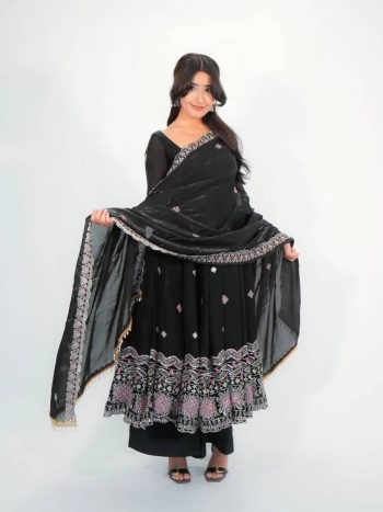 MODERN TWO TINE FENDY SILK EMBROIDERY  SEQUENCE WORK GOWN PALAZZO WITH DUPATTA BLACK
