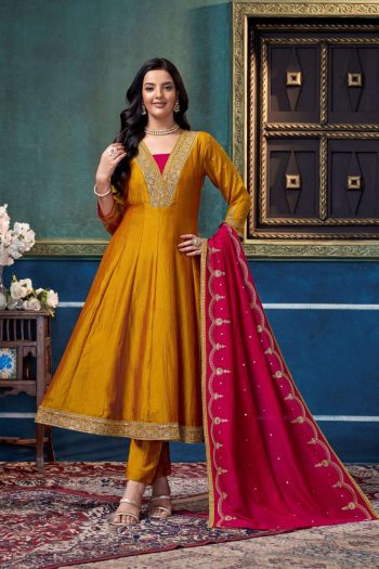 MODERN VICHITRA SILK EMBROIDERY, SEQUENCE & CODING WORK ANARKALI BOTTOM WITH DUPATTA YELLOW