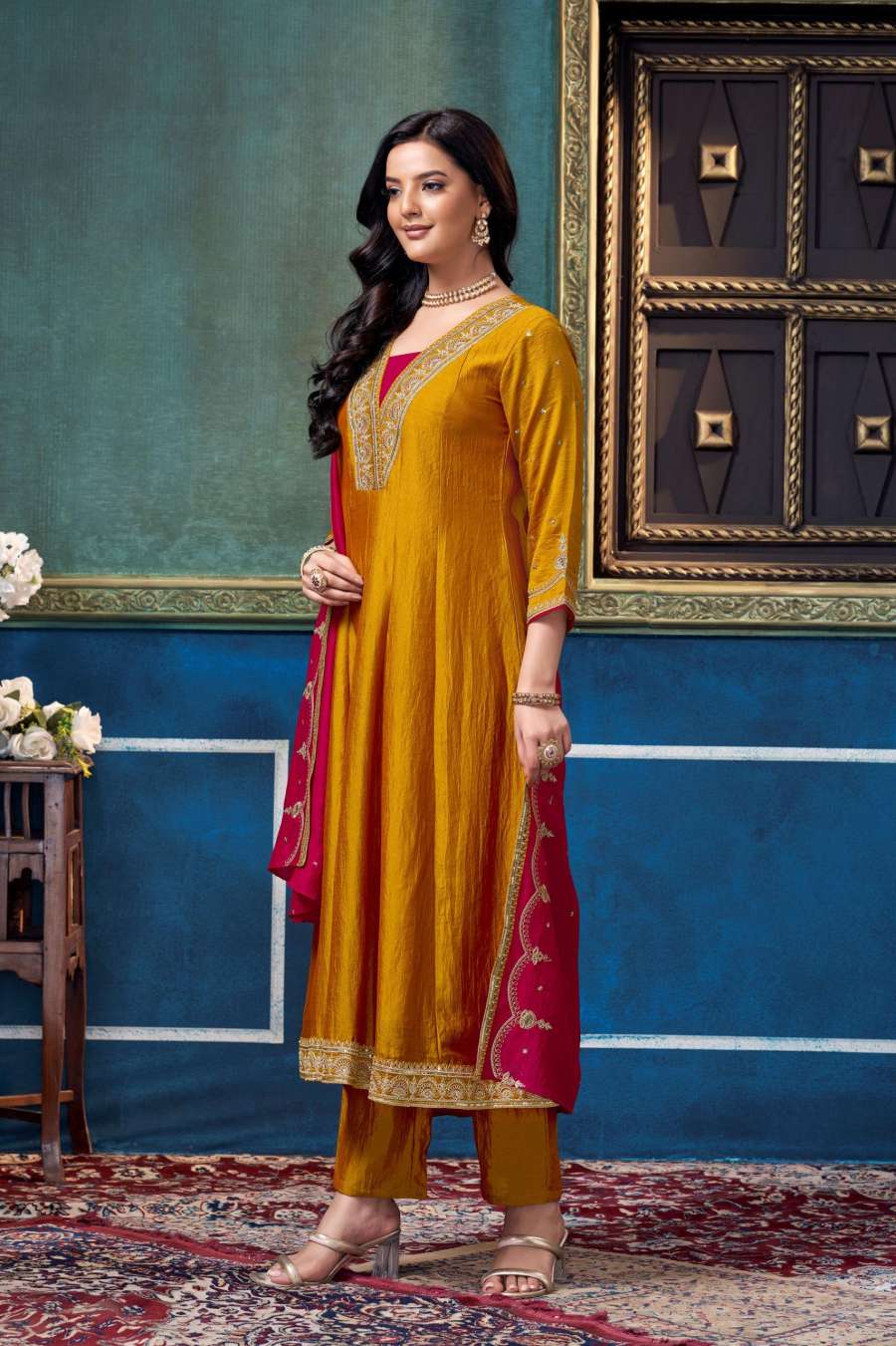1MODERN VICHITRA SILK EMBROIDERY, SEQUENCE & CODING WORK ANARKALI BOTTOM WITH DUPATTA WEDDING WEAR WHOLESALE PRICE ETHNIC GARMENT (3)