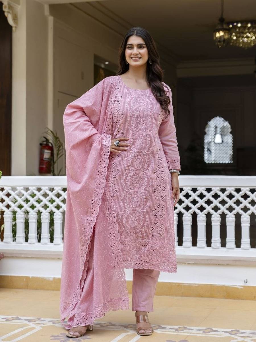 1NEW ARRIVAL CAMBRIC COTTON BORING CHIKAN KARI WORK TOP BOTTOM WITH DUPATTA FESTIVE WEAR WHOLESALE PRICE ETHNIC GARMENT (39)