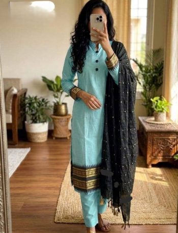 NEW ARRIVAL KANCHI COTTON ZARI KANCHI BORDER WORK TOP BOTTOM WITH DUPATTA SKY