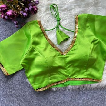NEW ARRIVAL MALAAI SATIN FANCY LACE WORK READY TO WEAR BLOUSE PARROT GREEN