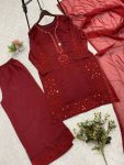 1NEW ARRIVAL MUL CHANDERI HAND MIRROR WITH SEQUENCE EMBROIDERY AND CUTWORK TOP PALAZZO WITH DUPATTA FESTIVE WEAR WHOLESALE PRICE ETHNIC GARMENT (7)