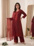 NEW ARRIVAL MUL CHANDERI HAND MIRROR WITH SEQUENCE EMBROIDERY AND CUTWORK TOP PALAZZO WITH DUPATTA MAROON