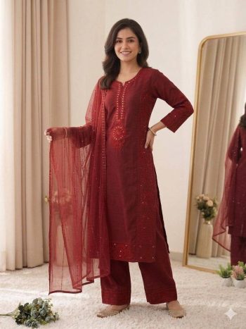 NEW ARRIVAL MUL CHANDERI HAND MIRROR WITH SEQUENCE EMBROIDERY AND CUTWORK TOP PALAZZO WITH DUPATTA MAROON