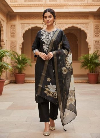 NEW ARRIVAL ROMAN SILK EMBROIDERY WORK TOP BOTTOM WITH DUPATTA BLACK