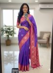 RICH LOOK BANARASI SILK COPPER ZARI FLOWER MOTIFS & WOVEN BORDER WORK SAREE WITH UNSTITCHED BLOUSE PURPLE