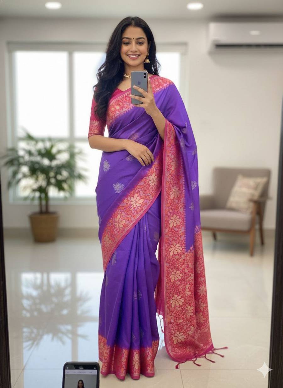 1RICH LOOK BANARASI SILK COPPER ZARI FLOWER MOTIFS & WOVEN BORDER WORK SAREE WITH UNSTITCHED BLOUSE FESTIVE WEAR WHOLESALE PRICE ETHNIC GARMENT (1)