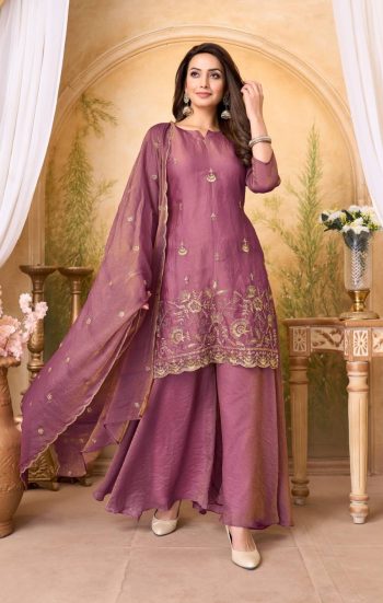 RICH LOOK BERRY SILK EMBROIDERY, SEQUENCE & CODING WORK TOP PALAZZO WITH DUPATTA PINK