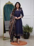 RICH LOOK COTTON DIGITAL PRINTED WITH SEQUENCE KATHA WORK ANARKALI BOTTOM WITH DUPATTA NAVY BLUE
