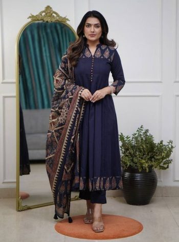 RICH LOOK COTTON DIGITAL PRINTED WITH SEQUENCE KATHA WORK ANARKALI BOTTOM WITH DUPATTA NAVY BLUE