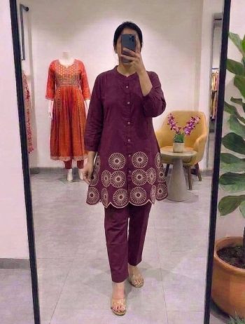 RICH LOOK COTTON EMBROIDERY WORK CO-ORD SET WINE