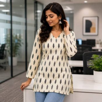 RICH LOOK COTTON PRINTED WORK SHORT KURTI WHITE AND BLUE