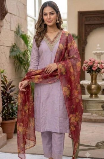 RICH LOOK COTTON SILK EMBROIDERY WORK TOP BOTTOM WITH DUPATTA PINK