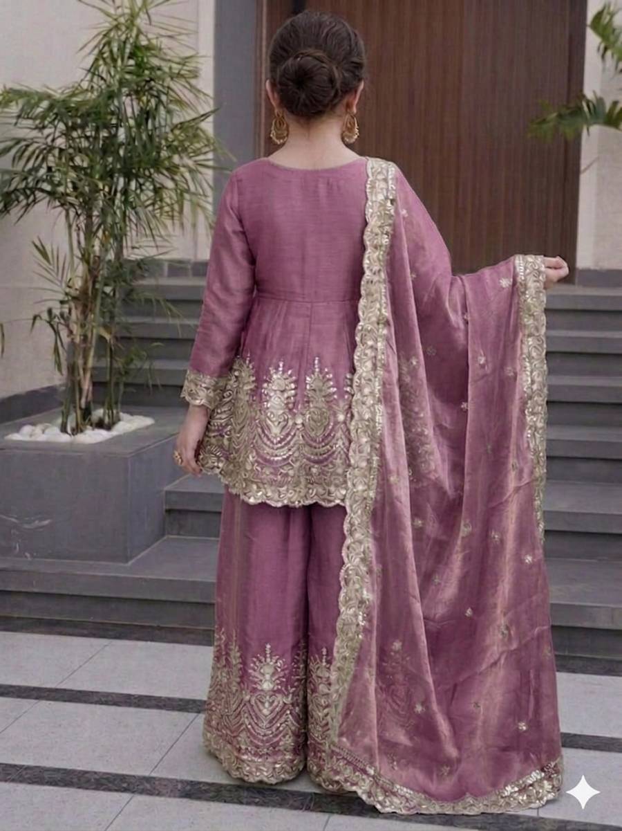 1RICH LOOK FENDY SILK EMBROIDERY & SEQUENCE WORK KID'S TOP PALAZZO WITH DUPATTA FESTIVE WEAR WHOLESALE PRICE ETHNIC GARMENT (1)