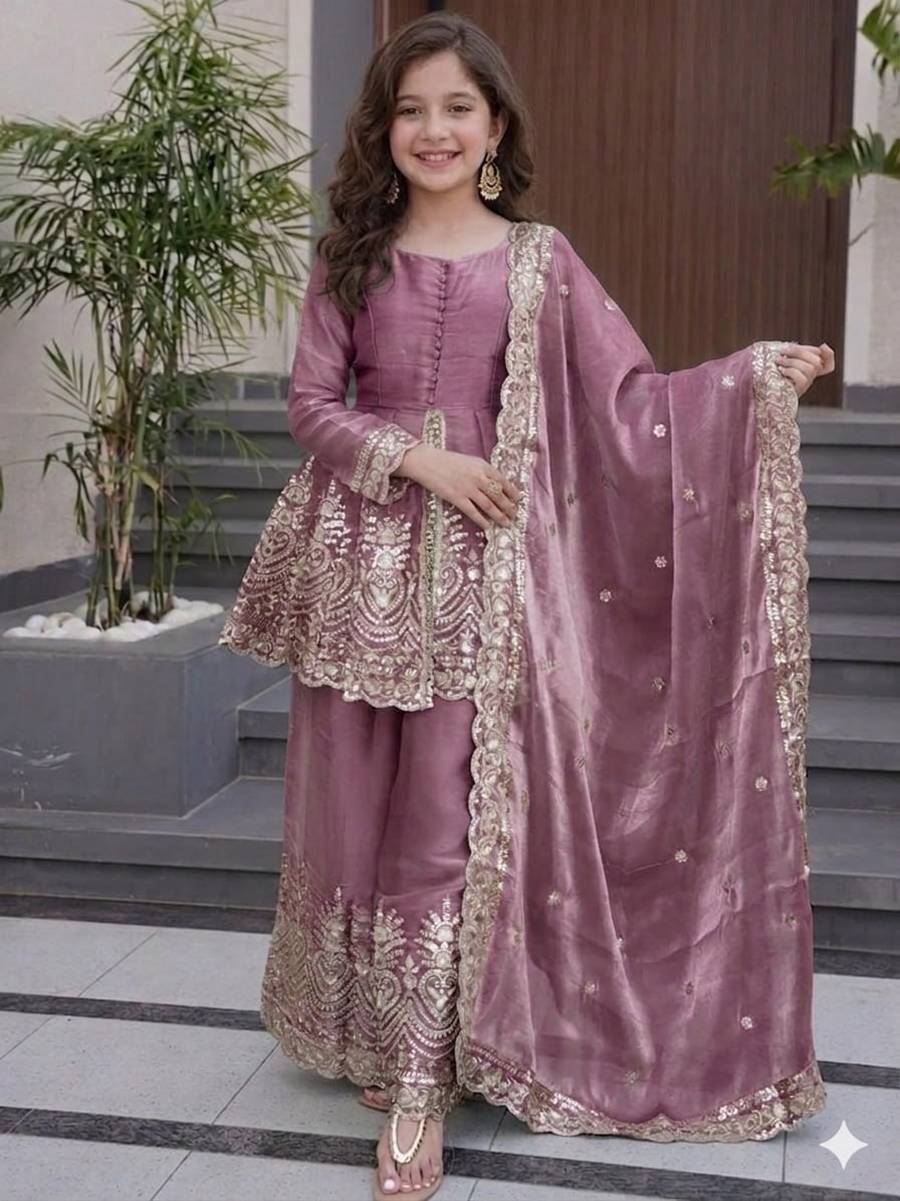 1RICH LOOK FENDY SILK EMBROIDERY & SEQUENCE WORK KID'S TOP PALAZZO WITH DUPATTA FESTIVE WEAR WHOLESALE PRICE ETHNIC GARMENT (2)