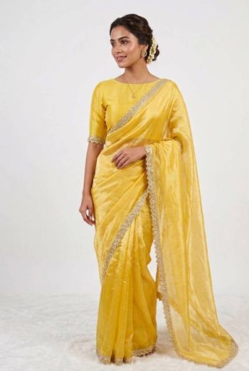 RICH LOOK GMY SILK HANDWORK COLOURFUL LACE BORDER WORK SAREE WITH UNSTITCHED BLOUSE YELLOW