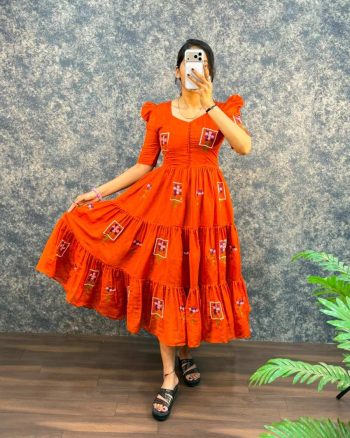 RICH LOOK MUL COTTON EMBROIDERY WORK ONE PIECE MAXI DRESS ORANGE