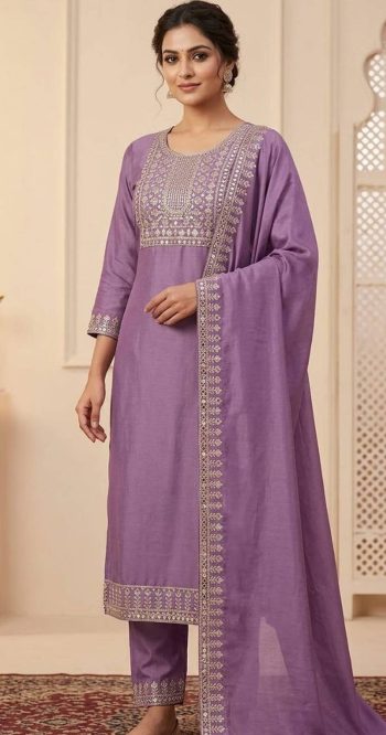 RICH LOOK RAYON EMBROIDERY WORK TOP BOTTOM WITH DUPATTA PURPLE