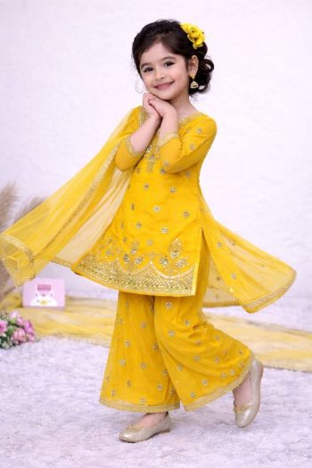 TRADITINAL GEORGETTE EMBROIDERY WORK KID'S TOP PALAZZO WITH DUPATTA YELLOW