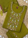 TRENDING VISCOSE MANGO SILK MULTI EMBROIDERY & REAL MIRROR WITH HAND WORK TOP BOTTOM WITH DUPATTA PARROT GREEN
