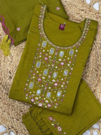 TRENDING VISCOSE MANGO SILK MULTI EMBROIDERY & REAL MIRROR WITH HAND WORK TOP BOTTOM WITH DUPATTA PARROT GREEN