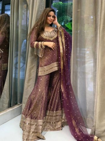 RICH LOOK CHINON SILK DIGITAL PRINT WITH EMBROIDERY 5 MM SEQUENCE WORK TOP SHARARA WITH DUPATTA WINE