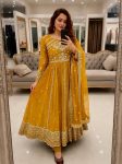 RICH LOOK GEORGETTE SEQUENCE AND ZARI WORK WITH FANCY LACE WORK GOWN BOTTOM WITH DUPATTA YELLOW