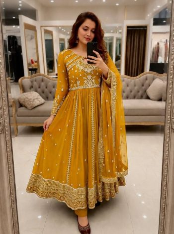 RICH LOOK GEORGETTE SEQUENCE  AND ZARI WORK WITH FANCY LACE WORK GOWN BOTTOM WITH DUPATTA YELLOW