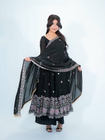 MODERN FENDY SATIN EMBROIDERY WORK WITH FANCY LACE WORK GOWN BOTTOM WITH DUPATTA BLACK