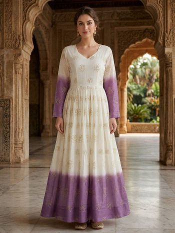 ATTARACTIVE SHADED CRUNCHY PIPE SEQUENCE EMBROIDERY WORK GOWN WHITE AND PURPLE