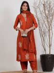 ATTRACTIVE ROMAN SILK EMBROIDERY WORK TOP BOTTOM WITH DUPATTA ORANGE
