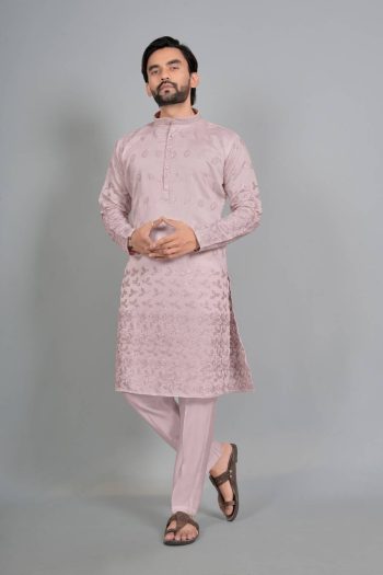 DESIGNER COTTON SILK EMBROIDERY WORK MEN'S KURTA BABY PINK